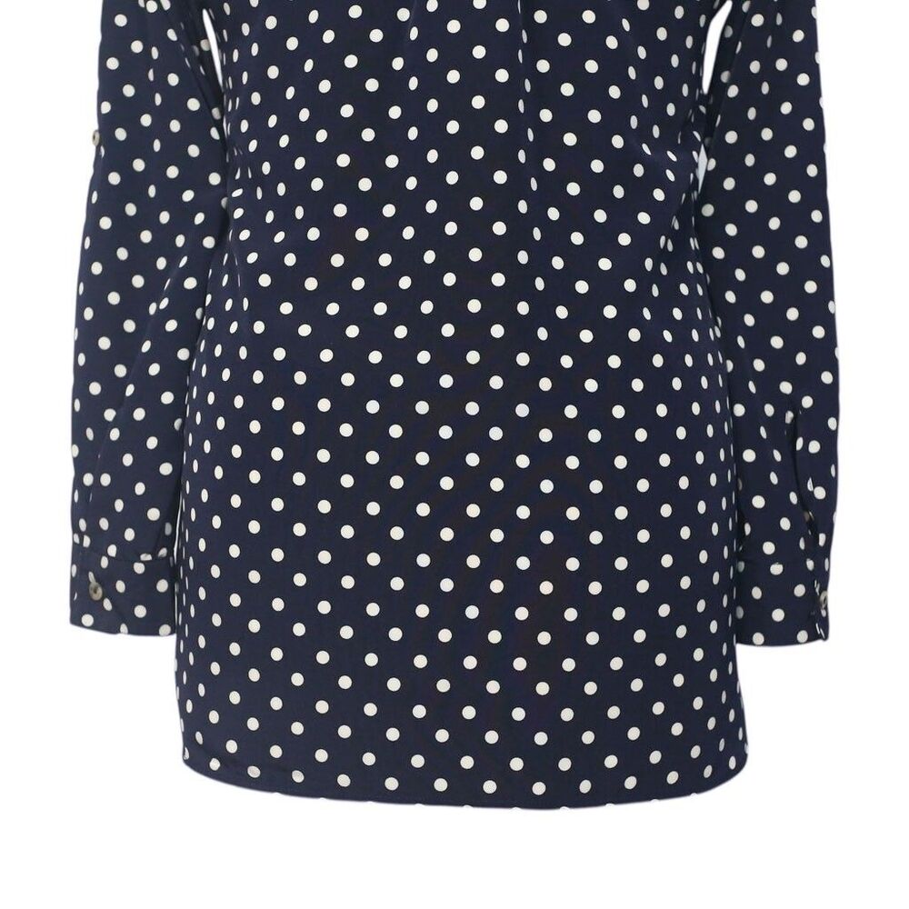 Womens Silky Satin Shirt Blue Polka Dot Blouse Button Up Dressy Top Medium Work - Picture 7 of 7